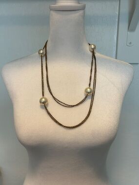 Classic Faux Pearl Station Necklace | Long Sautoir Style | Gold Tone Chain